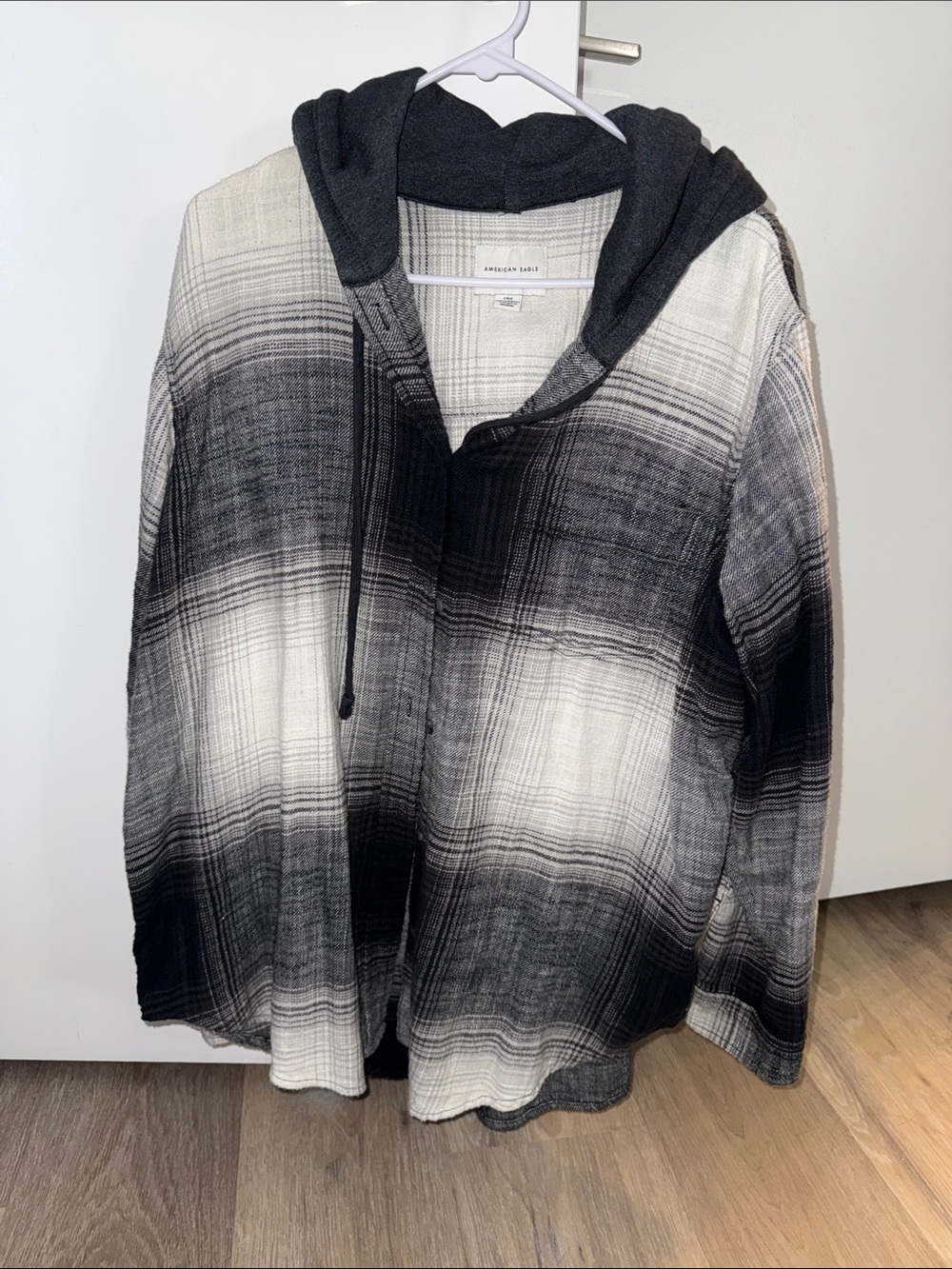 American Eagle Outfitters Black & White Ombre Plaid Hooded Shirt Jacket
